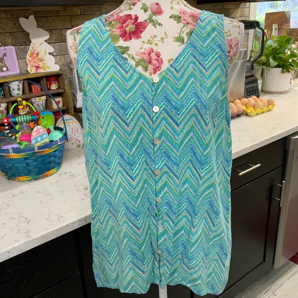 J. Jill Women’s Small Blouse Blue Chevron Button Front Tank Top Lightweight
